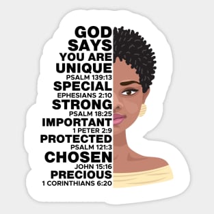 God Says you are Unique, Natural hair, Black girl, Black woman Sticker